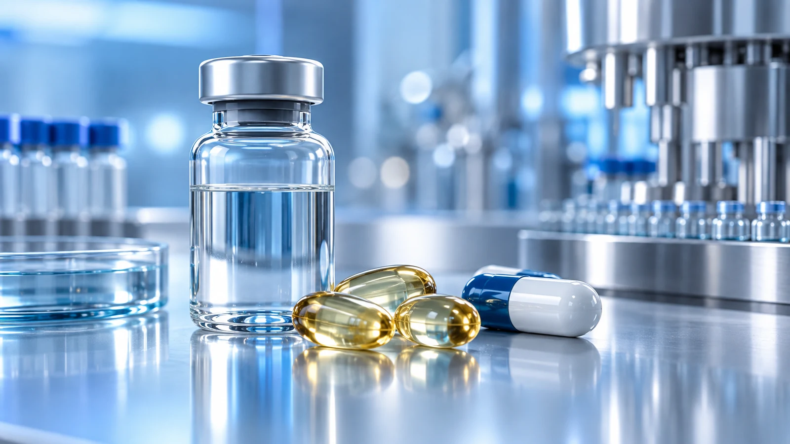 Cena realista do setor farmacêutico com frasco, cápsulas e ambiente laboratorial