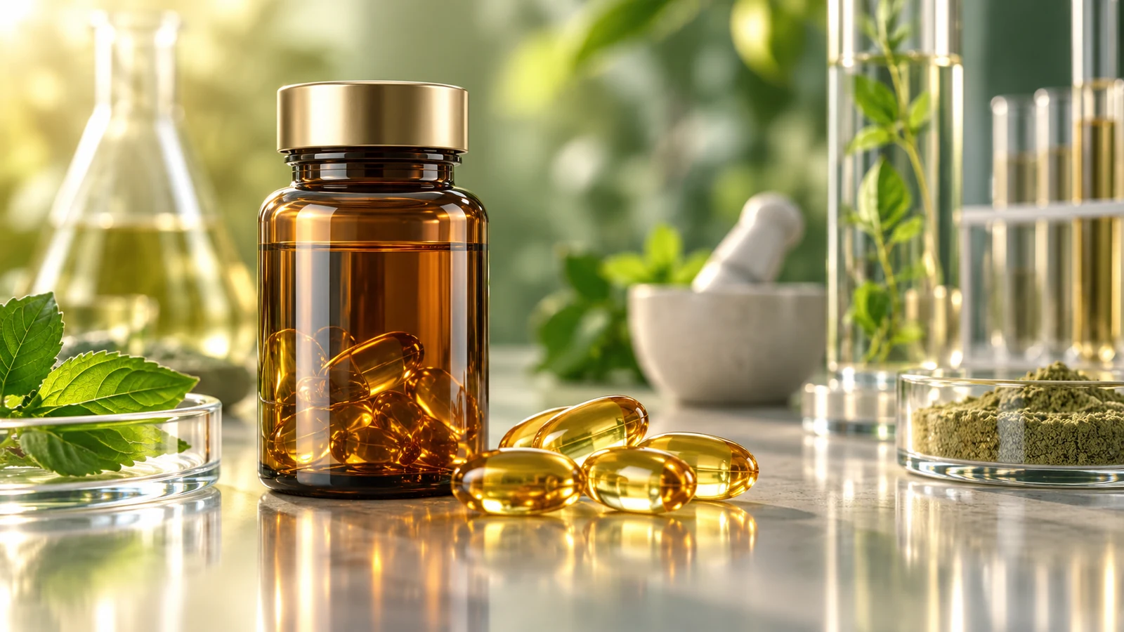 Cena realista do setor nutracêutico com frasco âmbar, softgels e elementos botânicos