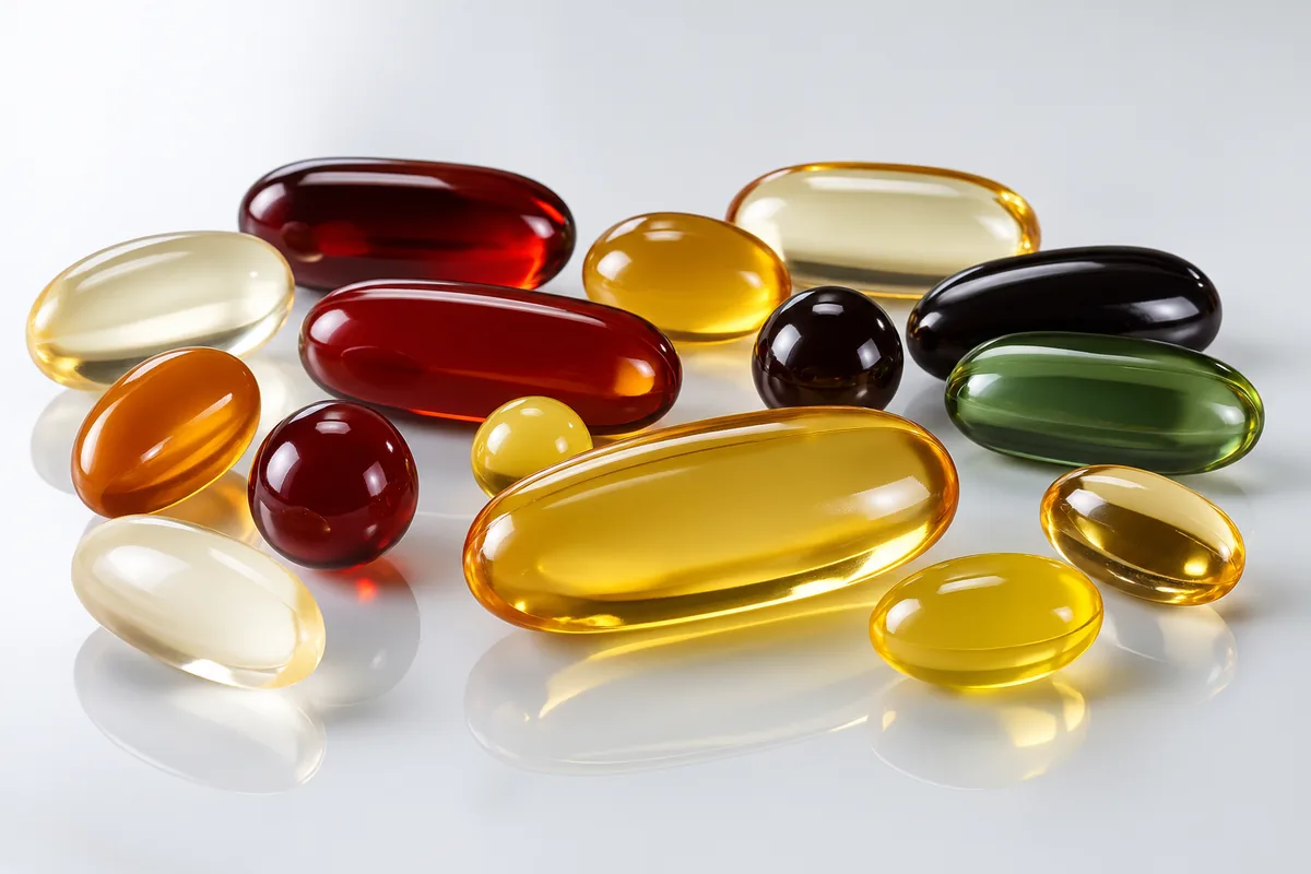 Cápsulas Softgel em diferentes cores e formatos